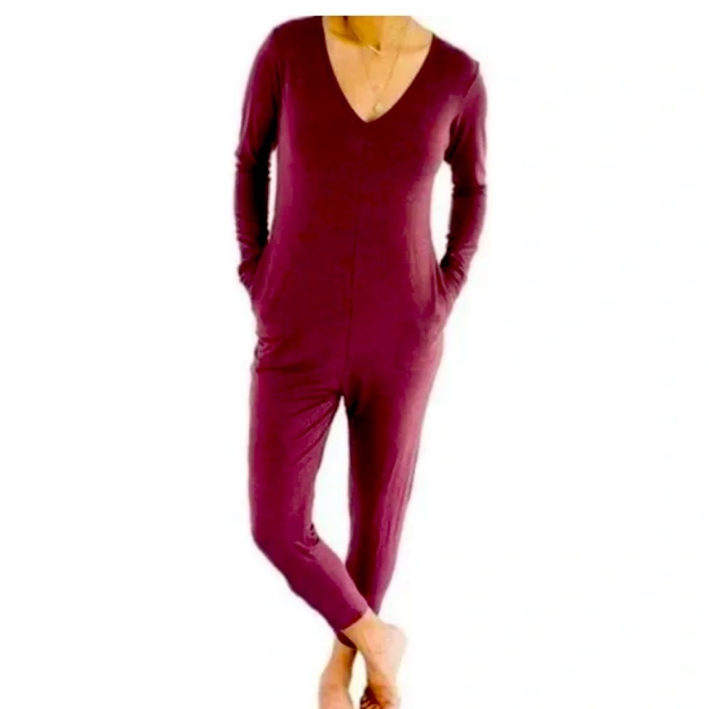 SMASH + TESS Sz XS V-Neck Long Sleeve Seam Pockets Jersey Knit Cozy Jumpsuit